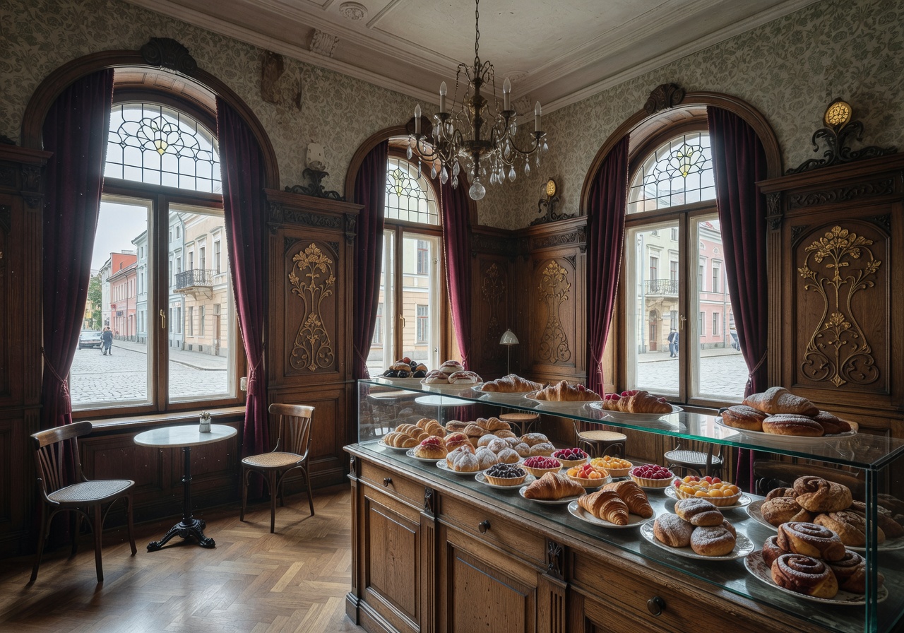 Artistic vintage café interior with handmade pastries and ornate European decor on Jomas Street in Jūrmala