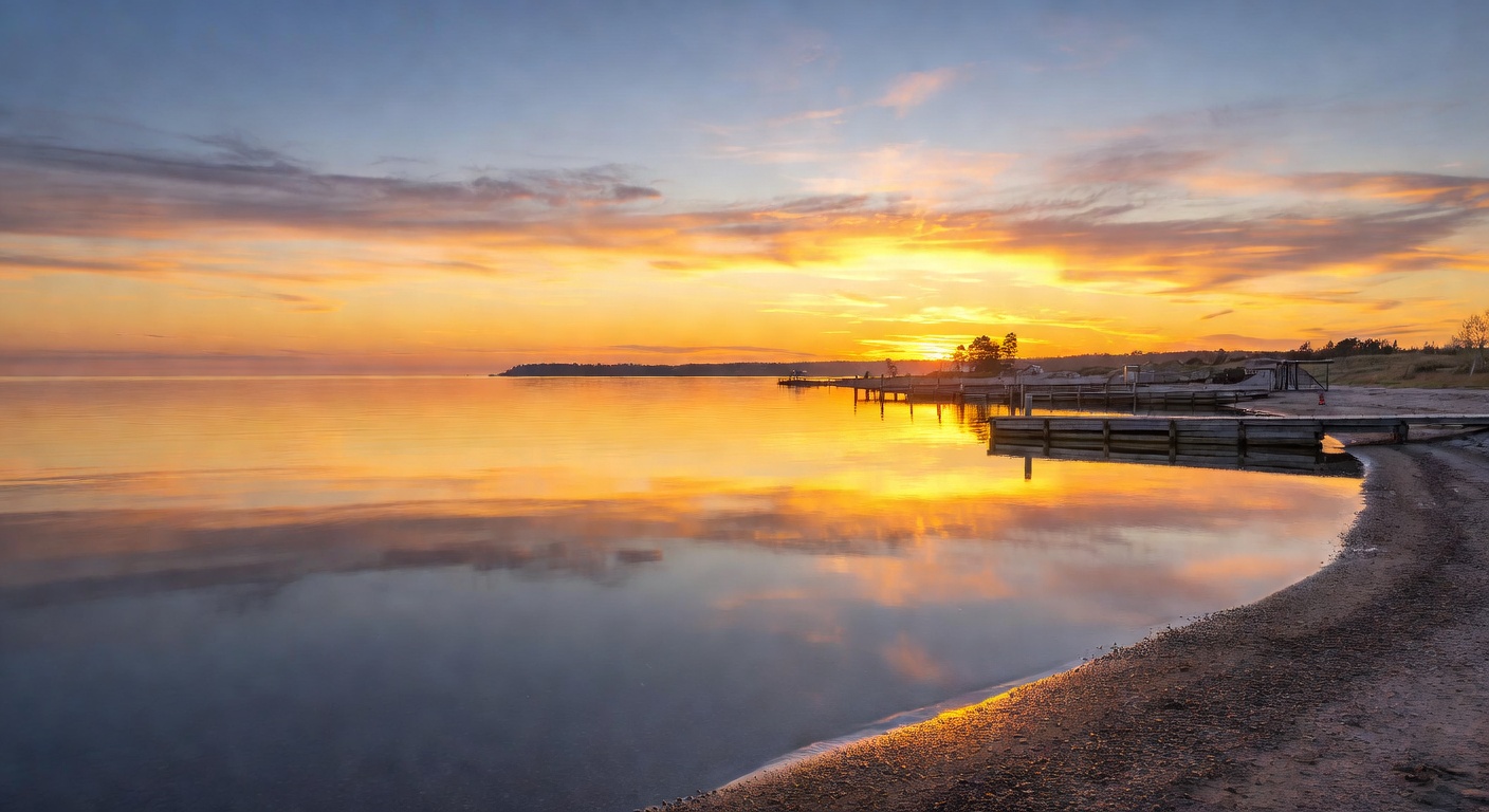 Baltic Sea sunset over calm waterfront with golden light reflecting on still waters near the Latvian coast