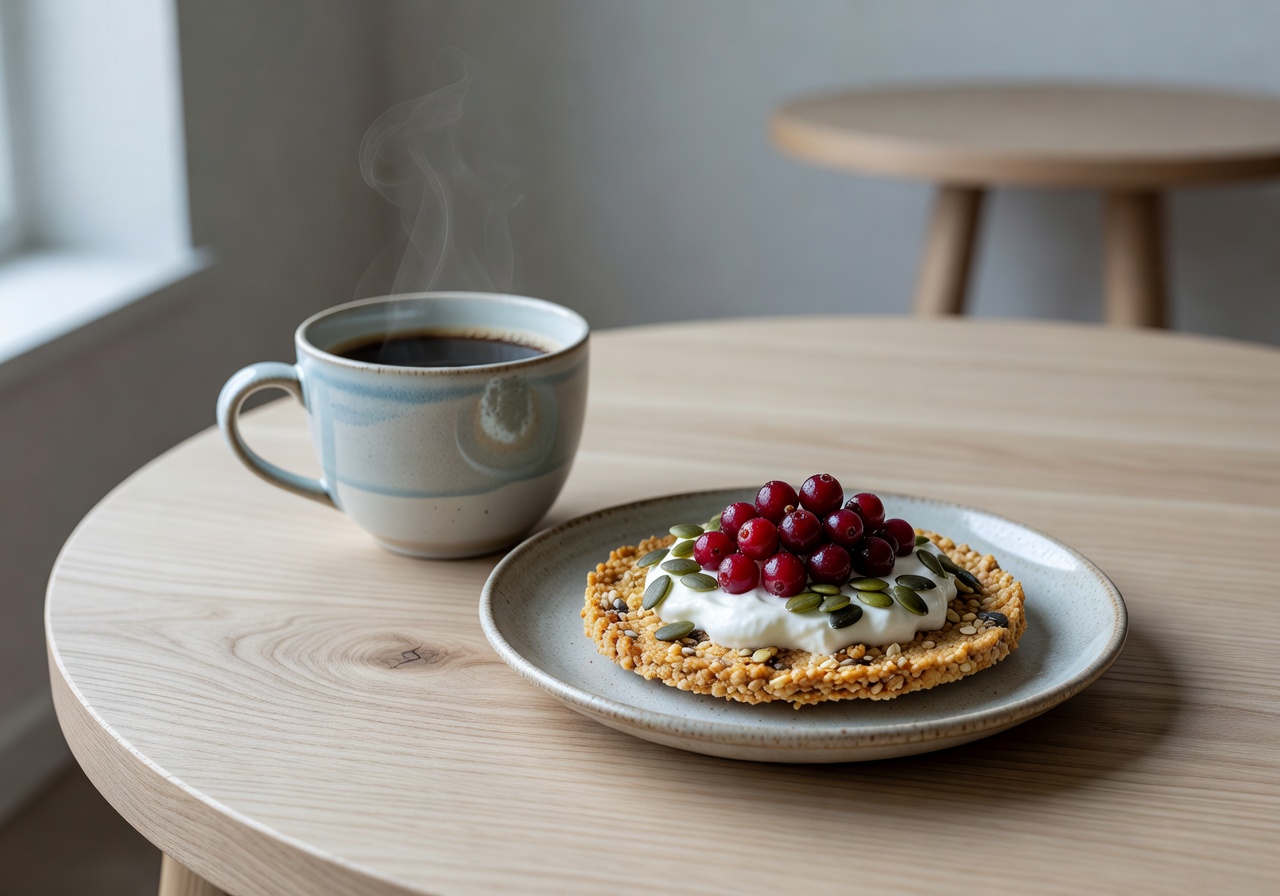 Close-up of a beautifully plated Nordic-style coffee and pastry pairing on a minimalist wooden café table