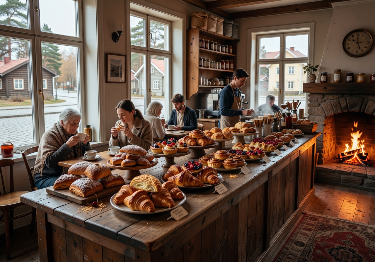 Cozy bakery café interior with homemade pastries displayed on rustic wooden counter in central Jūrmala