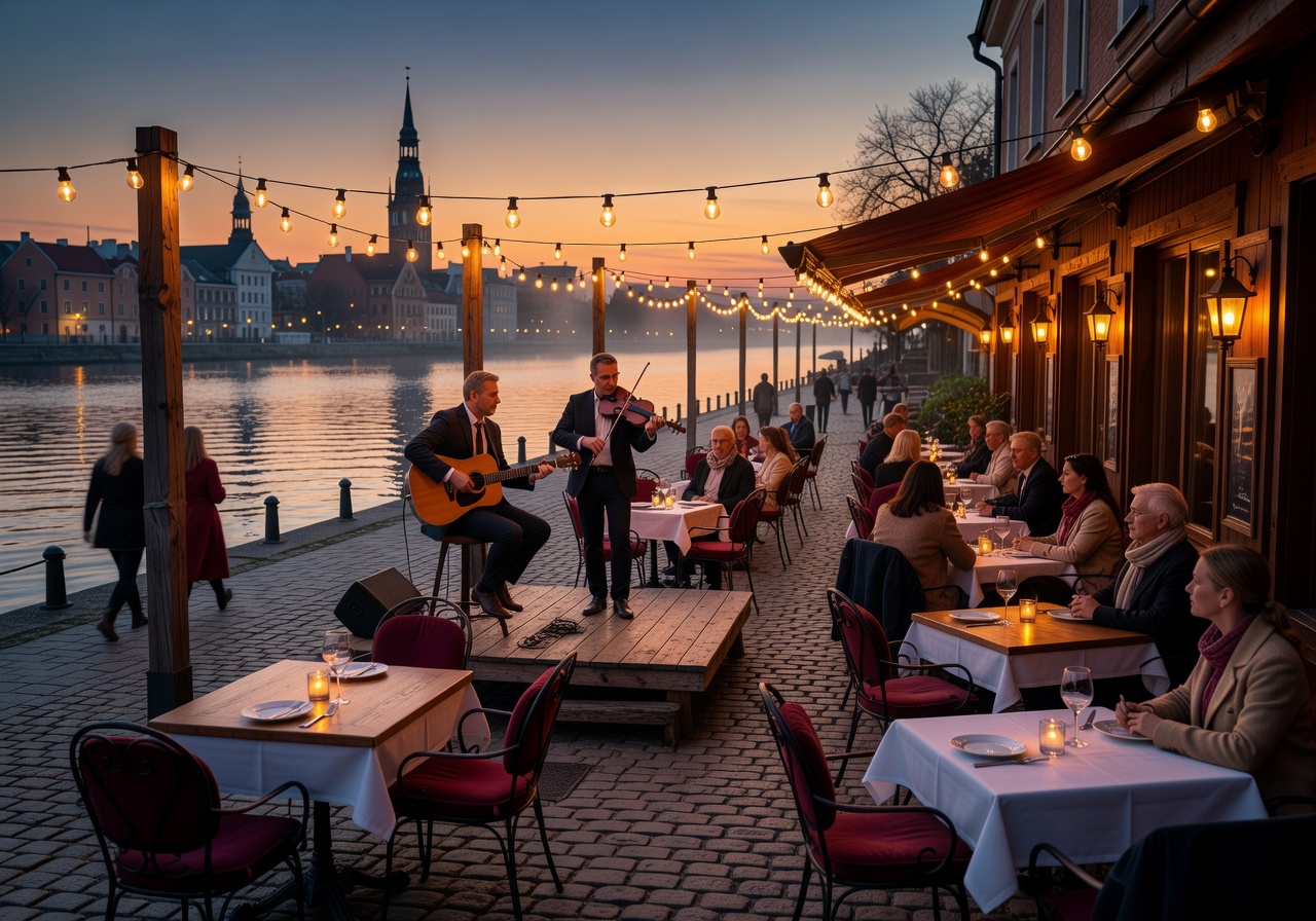 Elegant riverside café with live music setup and warm ambient lighting along the waterfront promenade in Riga