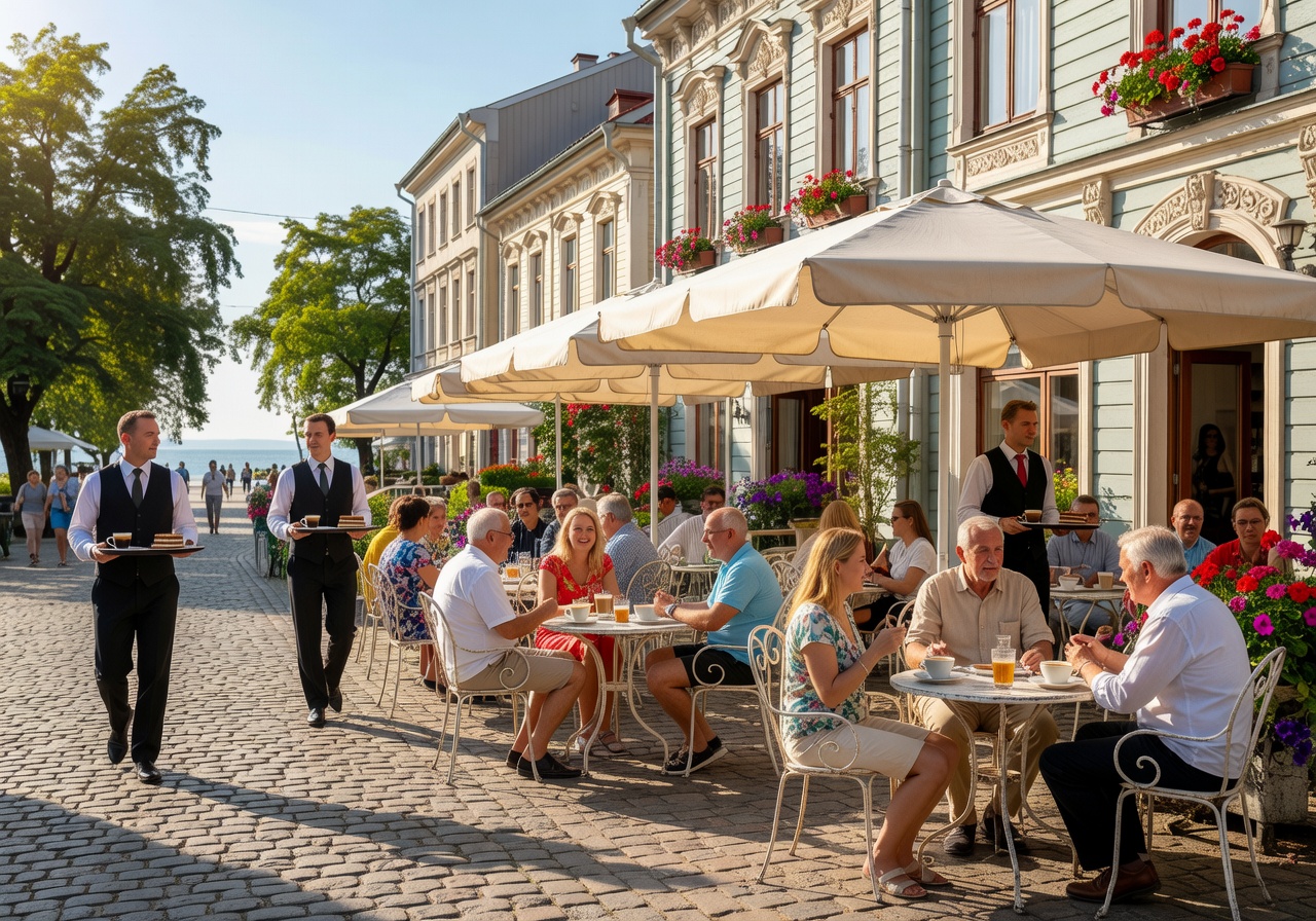 European promenade café with outdoor terrace seating along Jomas Street in Jūrmala on a sunny afternoon