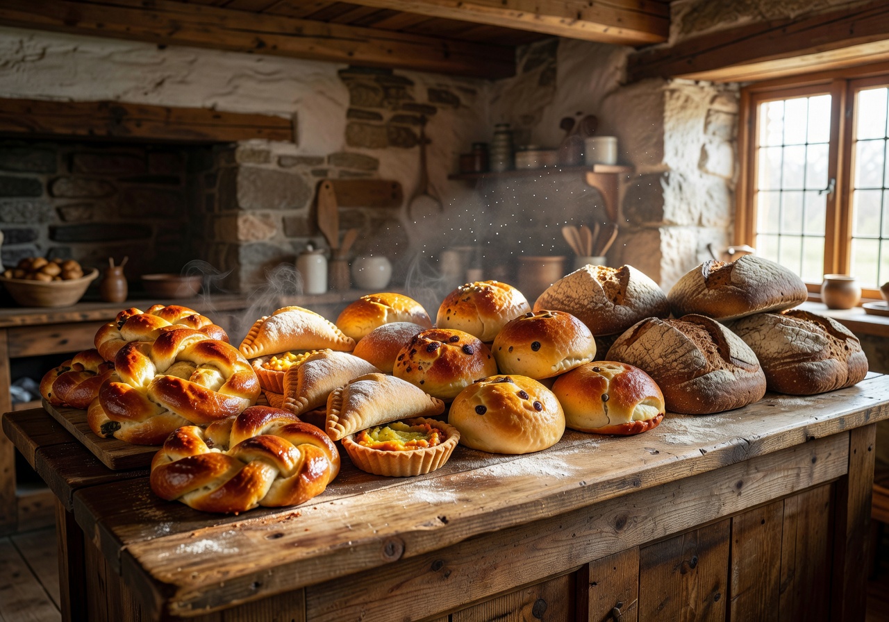 Freshly baked golden pastries and artisan bread on a rustic wooden counter in a traditional Latvian bakery