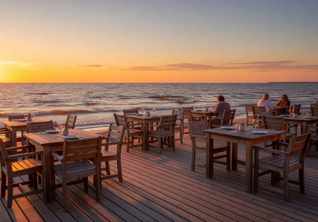 Golden sunset casting warm light over a waterfront terrace dining area with the Baltic Sea horizon glowing in Jūrmala