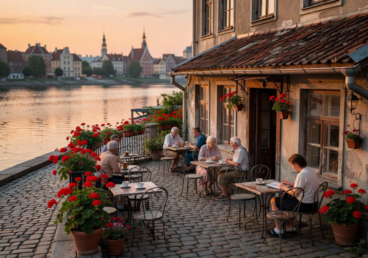 Historic European riverside terrace café with cobblestone streets near Riga old town on a calm summer evening