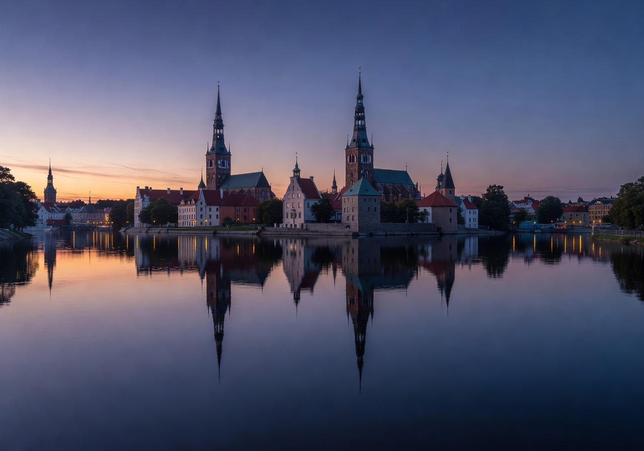 Panoramic view of Riga's skyline with historic church spires reflected in the calm Daugava river at twilight