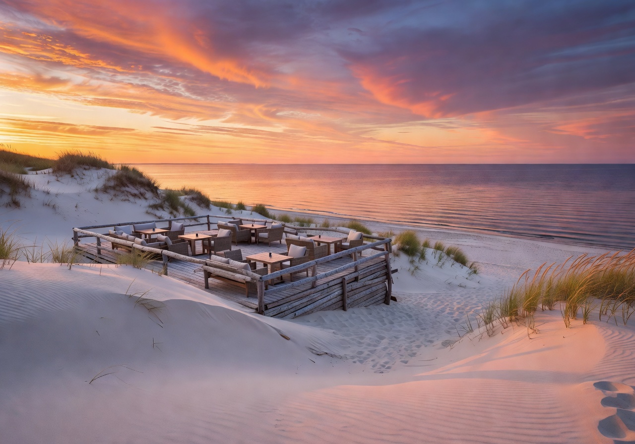 Seaside restaurant terrace on white sand dunes overlooking the Baltic Sea in Jūrmala with sunset colors